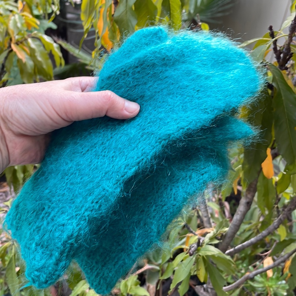 Emerald green hand knitted mohair mittens